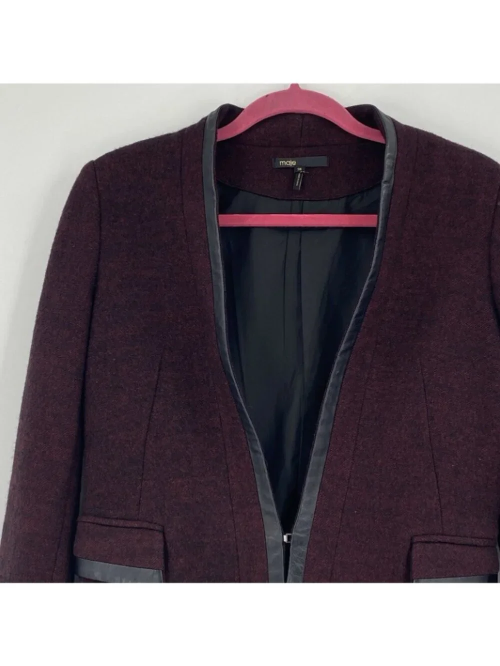 Maje Size 38 Medium Burgundy Wool Blazer W/ Leather Trim Jacket Fitted
